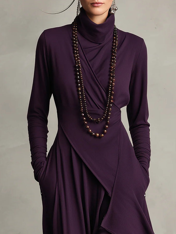 AURELIA™║Vestido largo plisado asimétrico con cuello alto