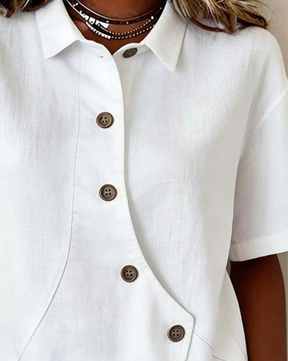 Julia - Blusa Asimétrica de Algodón-Lino con Botones