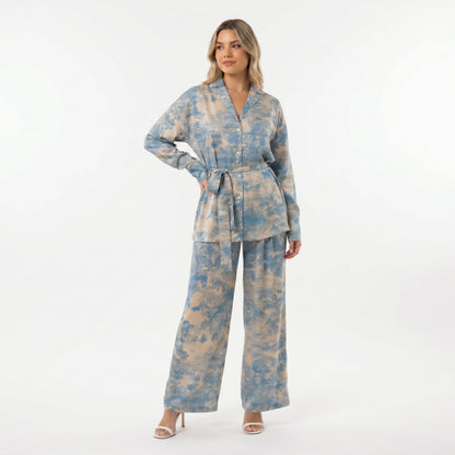 Conjunto Estampado Mujer con Corbata y Pantalón de Pierna Ancha