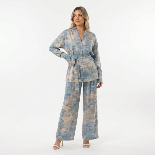 Conjunto Estampado Mujer con Corbata y Pantalón de Pierna Ancha