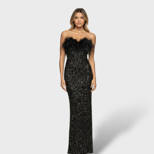 Vestido maxi lentejuelas plumas mujer